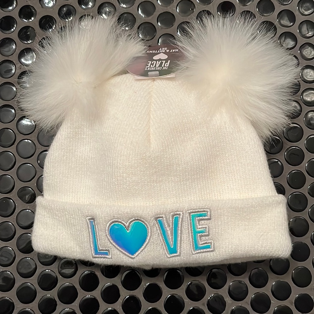 🆕 NWT The Children’s Place White Double Pom Baby Beanie Hat & Mittens Set